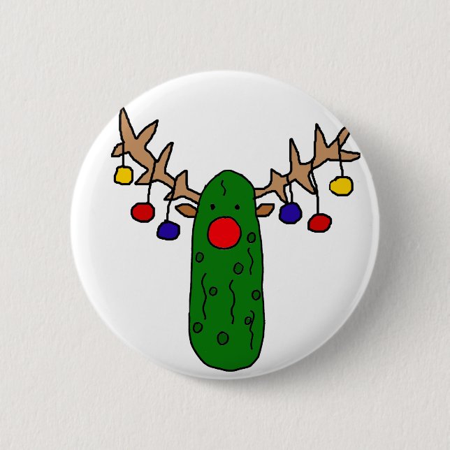 Lustiger Ren-Essiggurken-WeihnachtsCartoon Button (Vorderseite)