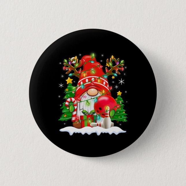 Lustiger Rentier-Gnom und Bowling-Weihnachtsbeleuc Button (Vorderseite)