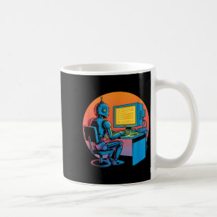 Lustiger Retro-Roboter codiert Computerbildschirm  Kaffeetasse