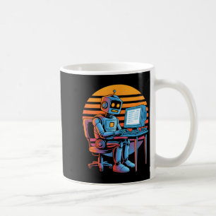 Lustiger Retro-Roboter codiert Computerbildschirm  Kaffeetasse