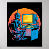 Lustiger Retro-Roboter codiert Computerbildschirm