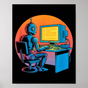 Lustiger Retro-Roboter codiert Computerbildschirm Poster