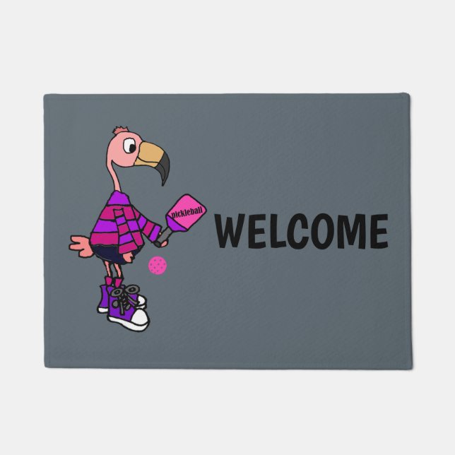 Lustiger rosa Flamingo, der Pickleball Cartoon Fußmatte (Vorderseite)