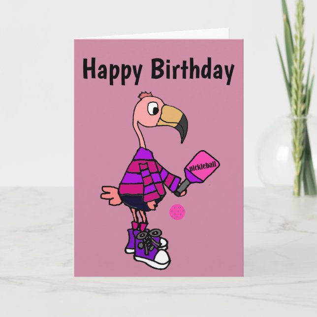 Lustiger rosa Flamingo, der Pickleball Cartoon Karte (Vorderseite)
