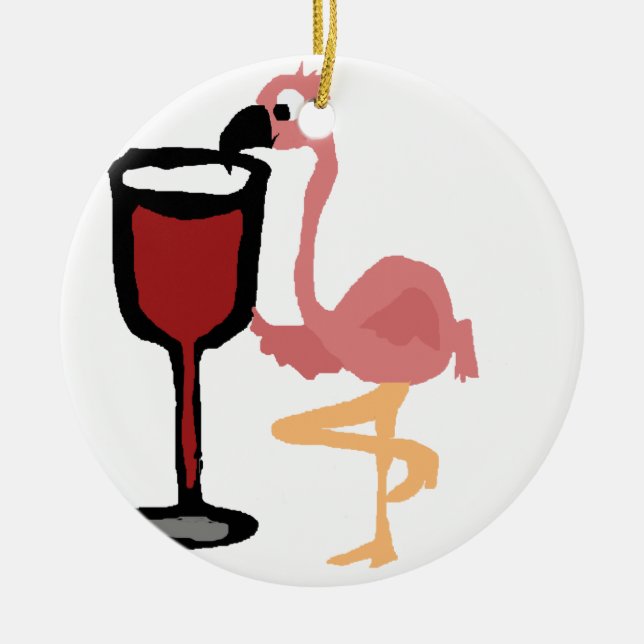 Lustiger rosa Flamingo, der Rotwein trinkt Keramik Ornament (Vorne)