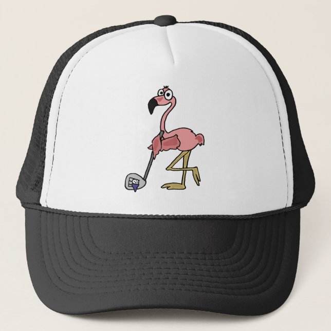Lustiger rosa Flamingo-Golf spielende Kunst Truckerkappe (Vorderseite)