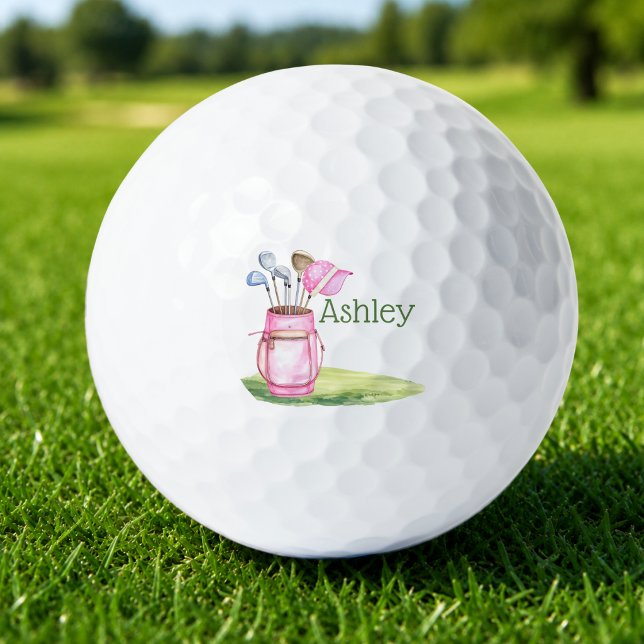 Lustiger rosa Golfschläger personalisiert Monogram Golfball (cute watercolor pink golf bag golf balls with custom monogram name)