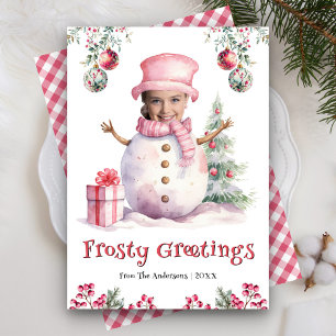 Lustiger rosa Schneemann Kinder Foto Gesicht Spaß  Feiertagskarte