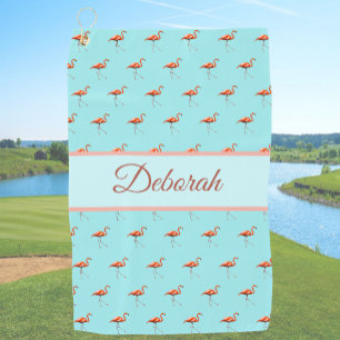Lustiger rosa und blauer Flamingo mit individuelle Golfhandtuch