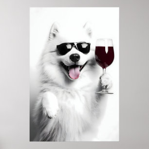Lustiger Samojede-Hund trinkt Wein Kunstprint (Dig Poster