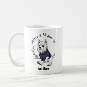Lustiger Schipperke-Hund im Geschäftsanzug Kaffee Kaffeetasse