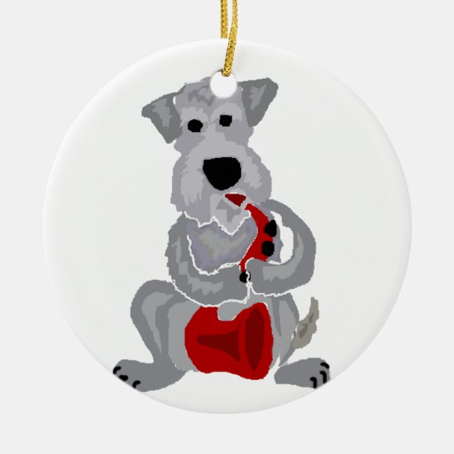 Lustiger Schnauzer, der rotes Saxophon spielt Keramikornament (Vorne)
