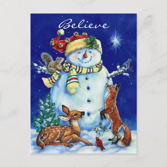 Lustiger Schneemann u. Waldfreund-Weihnachten Feiertagspostkarte (Vorderseite)