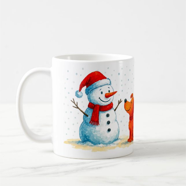 Lustiger Schneemann und Hund Winter Kaffeetasse (Links)