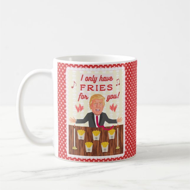 Lustiger Schnellimbiß Donald Trump brät Kaffeetasse (Links)