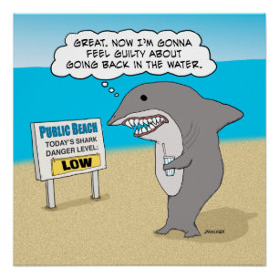 Lustiger schuldiger Haifisch auf Strand Poster