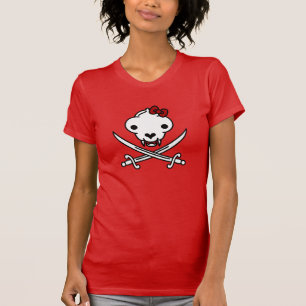 Lustiger Schwarz Weiß Fröhlicher Kitty-Pirat-Toten T-Shirt