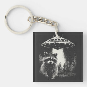 Lustiger Schwarz-Weiß-Waschbär-UFO im Weltraum Schlüsselanhänger