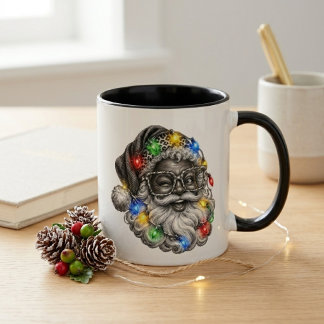 Lustiger schwarzer Weihnachtsmann und seine funkel Tasse
