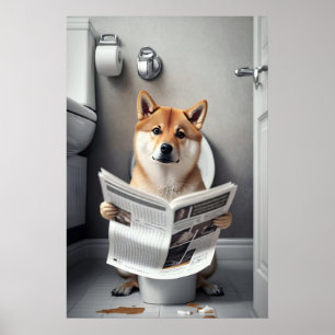 Lustiger Shiba Inu Badezimmerdruck Hund auf Toilet Poster