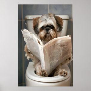 Lustiger Shih Tzu Badezimmer Druck, Zeitung lesend Poster
