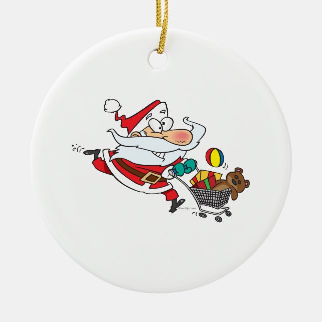 lustiger Shopping-Santa-Cartoon Keramikornament (Vorne)