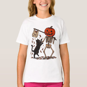 Lustiger Skelett, das eine schwarze Katze an Hallo T-Shirt