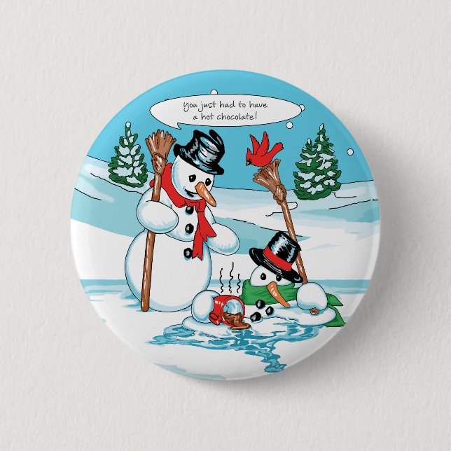 Lustiger Snowman mit heiße Schokoladen-Cartoon Button (Vorderseite)