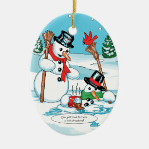 Lustiger Snowman mit heiße Schokoladen-Cartoon Keramikornament
