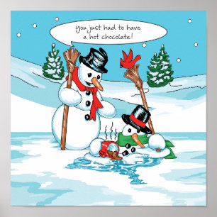 Lustiger Snowman mit heiße Schokoladen-Cartoon Poster