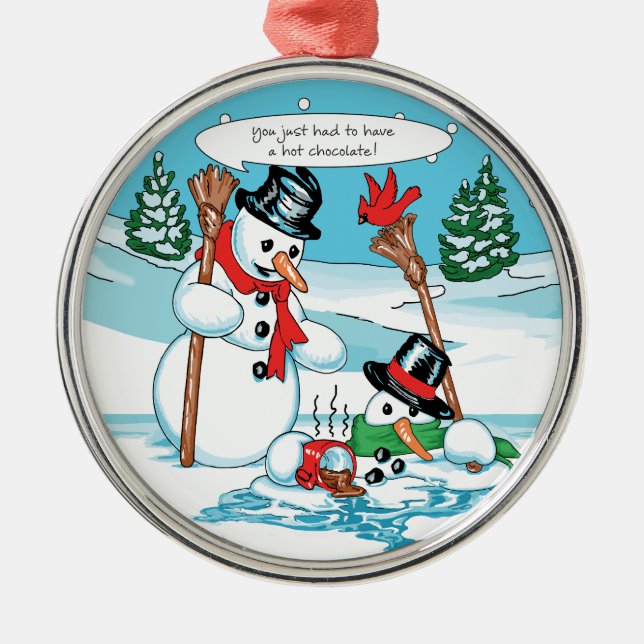 Lustiger Snowman mit heiße Schokoladen-Cartoon Silbernes Ornament (Vorne)