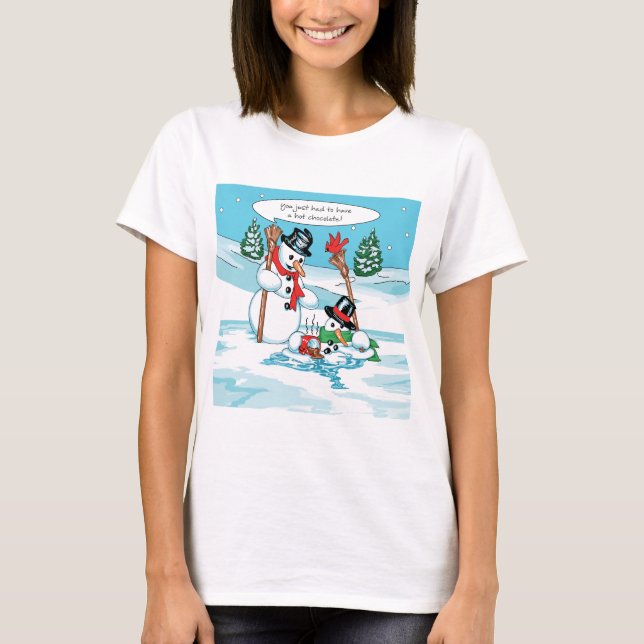 Lustiger Snowman mit heiße Schokoladen-Cartoon T-Shirt (Vorderseite)