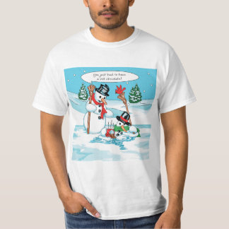 Lustiger Snowman mit heiße Schokoladen-Cartoon T-Shirt
