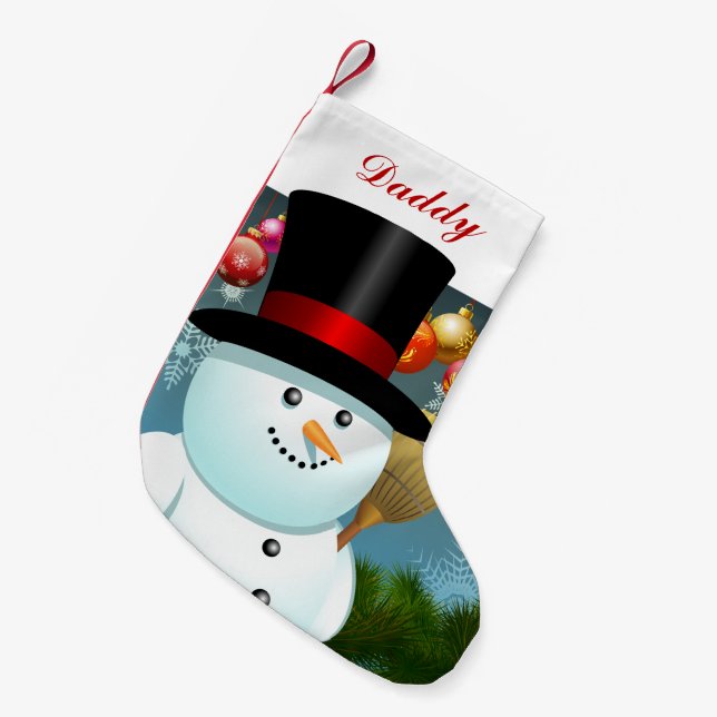 Lustiger Snowman-Vater mit Schwarzes geglaubtem Kleiner Weihnachtsstrumpf (Vorderansicht (hängend))