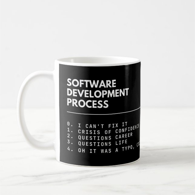Lustiger Softwareentwicklungsprozess Programmierer Kaffeetasse (Links)