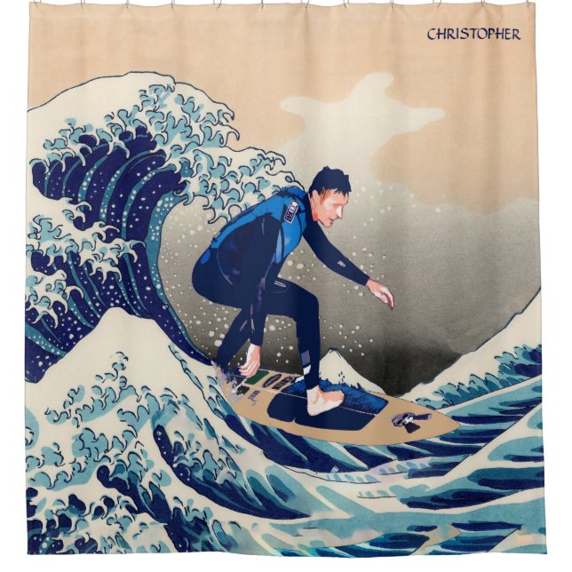 Lustiger Surfer, der auf die Hokusai große Welle Duschvorhang (Vorderseite)