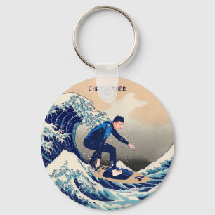 Lustiger Surfer, der auf die Hokusai große Welle Schlüsselanhänger
