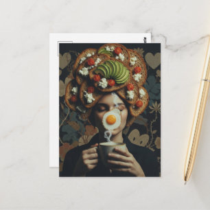 Lustiger surrealer Avocado-Toast- und Kaffee-Dame Postkarte