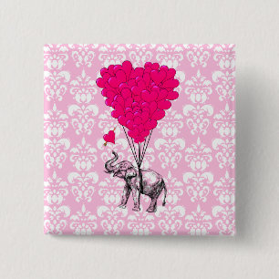 Lustiger süßer Elefant & rosa Damast Button