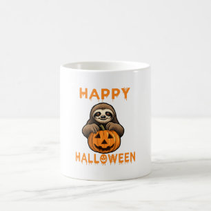 Lustiger süßer Faultier hält Kürbis Kaffeetasse