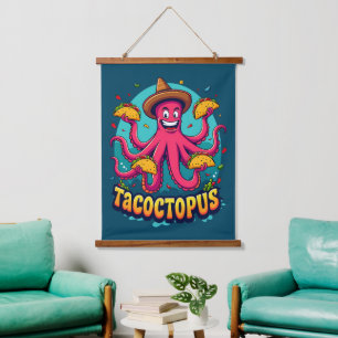 Lustiger Taco-Oktopus-Cartoon-Lebensmittel-Wortwit Wandteppich Mit Holzrahmen