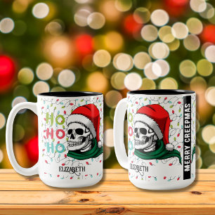 Lustiger Totenkopf in Weihnachtsmannmütze Ho Ho Ho Zweifarbige Tasse