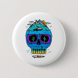 Lustiger Totenkopf-Surf-Urlaub Tropisches Paradies Button