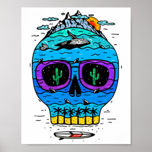 Lustiger Totenkopf-Surf-Urlaub Tropisches Paradies Poster