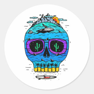 Lustiger Totenkopf-Surf-Urlaub Tropisches Paradies Runder Aufkleber