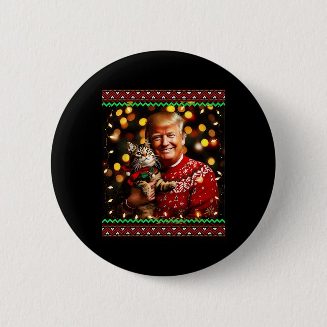 Lustiger Trump Weihnachtspullover für Katzenliebha Button (Vorderseite)