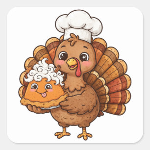 Lustiger Truthahn-Koch-Kürbiskuchen-Thanksgiving-A Quadratischer Aufkleber