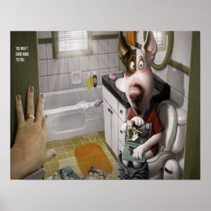 Lustiger und niedlicher Hund im Badezimmer Poster