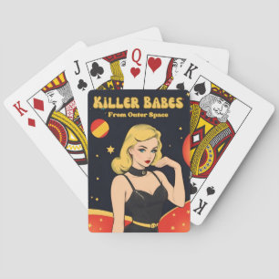 Lustiger Vintage-Pop-Art-Stil Blondine im Weltraum Spielkarten