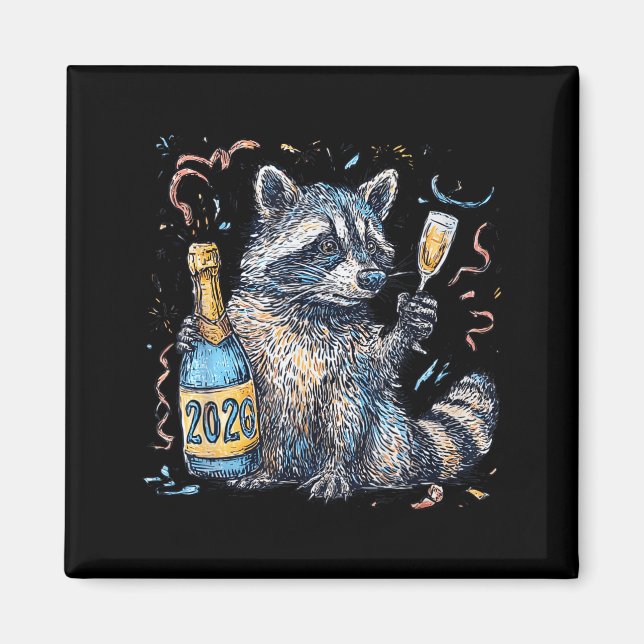 Lustiger Waschbär mit Champagner Disco-Kugel Silve Magnet (Vorne)